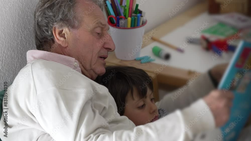 Grandfather and young grandson reading a comic book together, emphasizing the bonding and shared joy of storytelling in a cozy home environment Grandfather and young grandson reading a comic book together, emphasizing the bonding and shared joy of storytelling in a cozy home environment