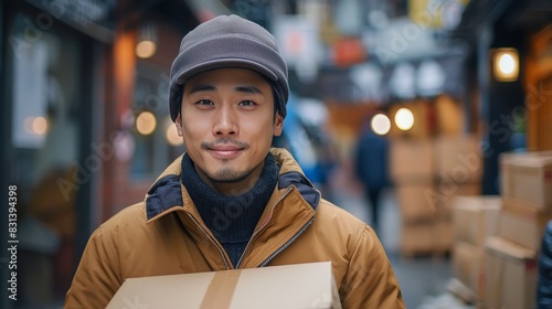 Man in Blue Jacket Holding Brown Box
