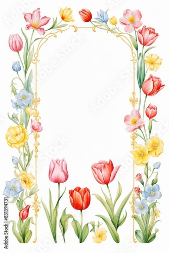 Tulip Border, Watercolor Floral Border, watercolor illustration, isolated on white background