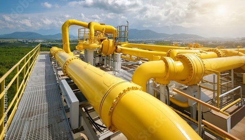 A photograph of a very large yellow pipe positioned on top of a building, serving as an important structural component, Aerial view of an intricate industrial pipeline system © kimberly