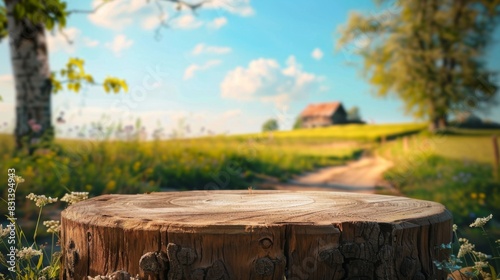 Empty podium against a green farm background for product presentation. Mockup platform with a village house and a road.