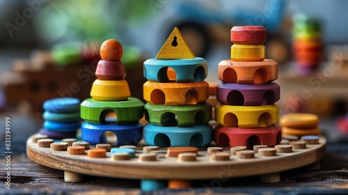 Colorful Wooden Toy Stacking on Table