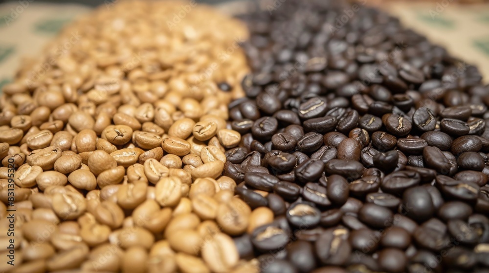 A detailed close-up captures light and dark roasted coffee beans divided in two rows on a table under natural daylight. A detailed close-up captures light and dark roasted coffee beans divided in two rows on a table under natural daylight.