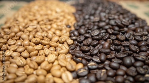 A detailed close-up captures light and dark roasted coffee beans divided in two rows on a table under natural daylight.