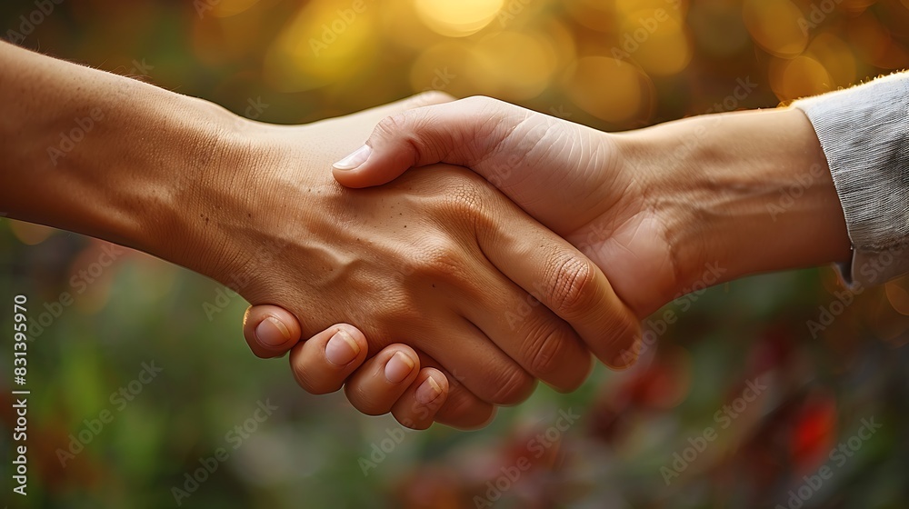 A detailed close-up of a handshake, sharp focus on the hands, blurred backdrop, shallow depth of field, professional and elegant, dynamic composition, 16:9 ratio A detailed close-up of a handshake, sharp focus on the hands, blurred backdrop, shallow depth of field, professional and elegant, dynamic composition, 16:9 ratio