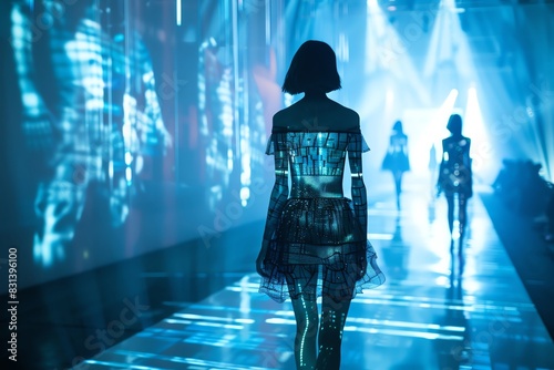 A futuristic fashion show with holographic models and innovative designs photo