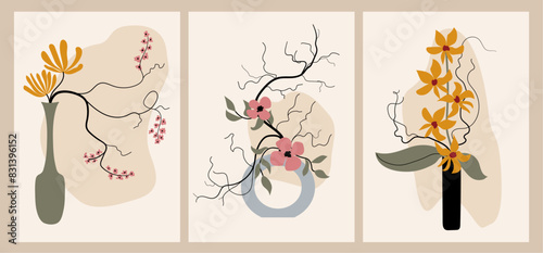 Natural hand-painted vector wall set. Flowers in vases, ikebana. Artistic drawing, abstract design of botanical art for wall decoration, printing, covers, wallpaper, advertising, flower exhibition.