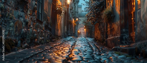A quaint cobblestone alleyway in a historic town, the soft glow of street lamps casting gentle shadows on weathered facades photo