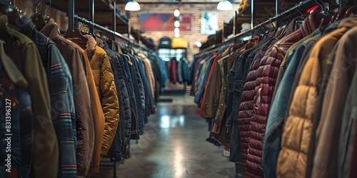 Interior of a Men's Fashion Store with Abundant Rows of Hanging Clothing. Concept Men's Fashion, Clothing Displays, Interior Design, Retail Store, Fashion Showcase