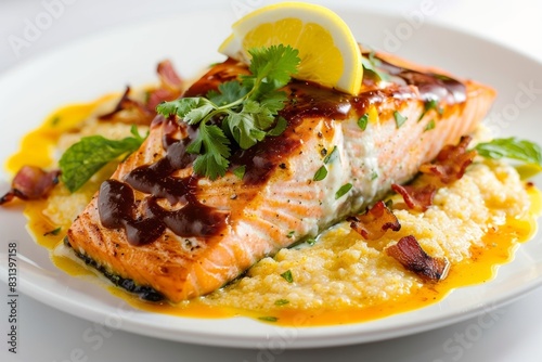 Barbecue Salmon with Cheddar Grits and Fresh Herbs