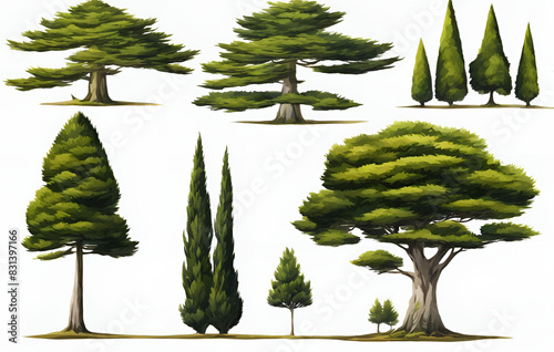 Contemporary Illustrations of Cypress Trees on White Background Generative AI, Eastern Redcedar Juniperus virginiana A Collection of Modern Illustrations Generative AI
 photo