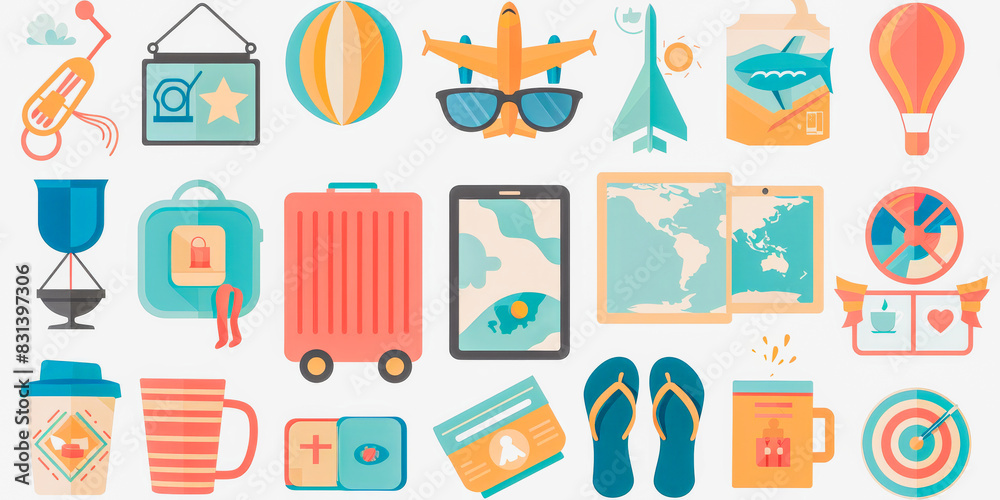 A collection of travel-related icons, including a suitcase, a cup, a plane A collection of travel-related icons, including a suitcase, a cup, a plane