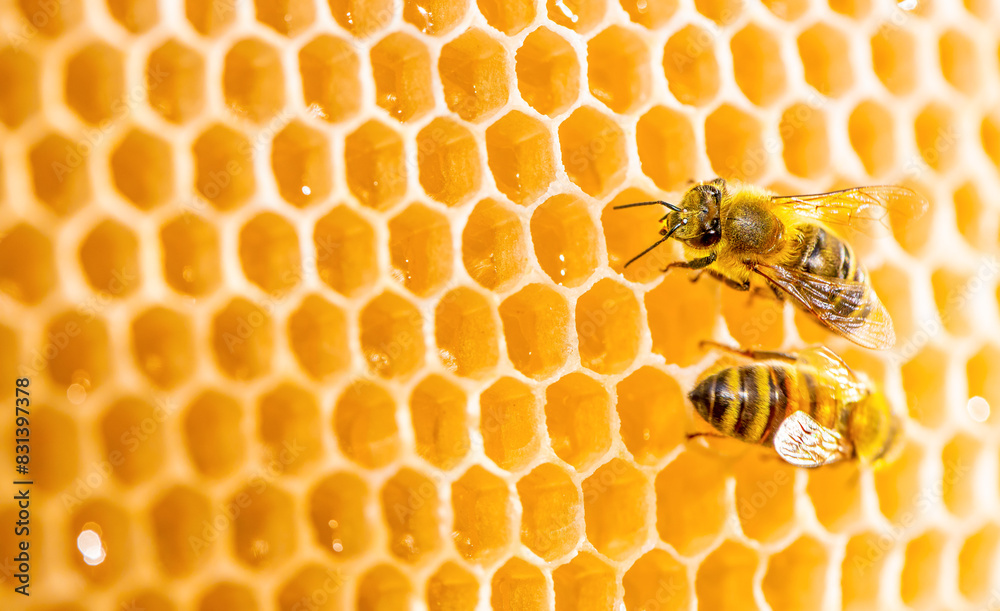 Macro honeycomb with bees. Close up view of the working bees on honey cells Macro honeycomb with bees. Close up view of the working bees on honey cells