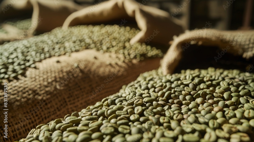 Obraz premium Burlap sacks brimming with green coffee beans are displayed in a warehouse, ready for processing and brewing.