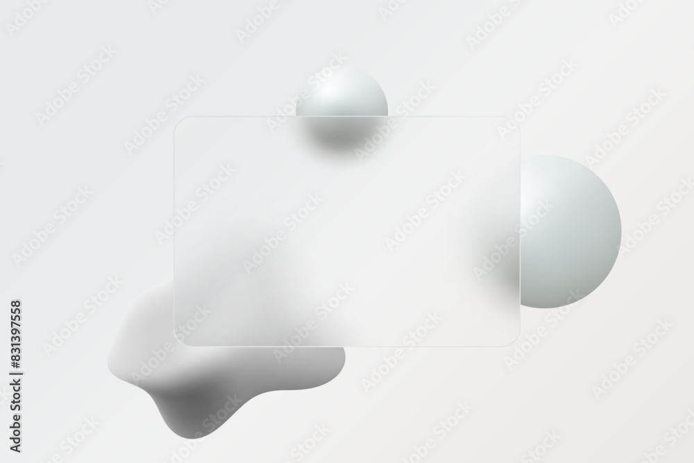 Glass morphism landing page. Credit card template with white spheres and optic abstract figure on white background. Glass morphism landing page. Credit card template with white spheres and optic abstract figure on white background.