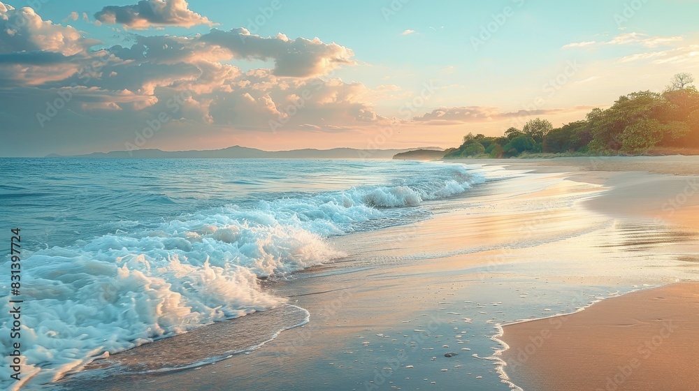 Obraz premium Cinematic, landscape photography showcasing a coastal paradise with gentle waves embracing a pristine, sandy beach, lively and energetic