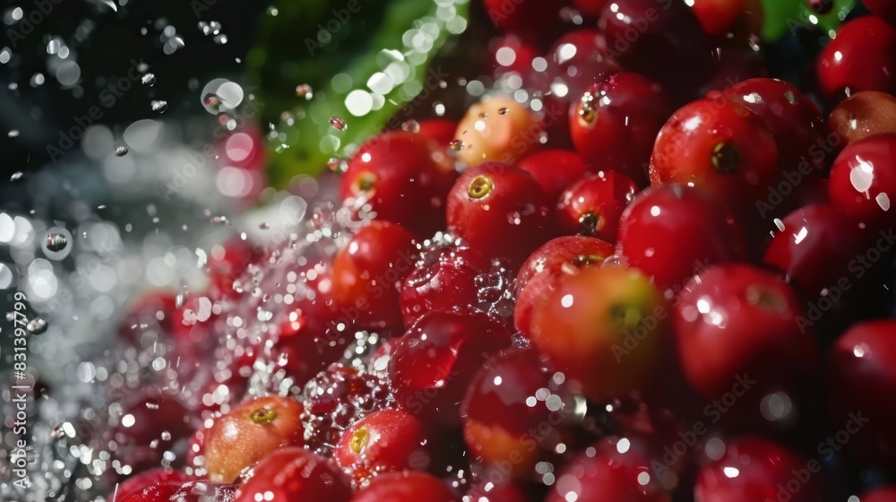 Close-up view of freshly picked bright red coffee cherries being rinsed with water under sunlight. Close-up view of freshly picked bright red coffee cherries being rinsed with water under sunlight.