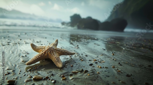 A starfish is laying on the beach  surrounded by sand and rocks. The scene is peaceful and serene  with the starfish standing out as a symbol of hope and resilience