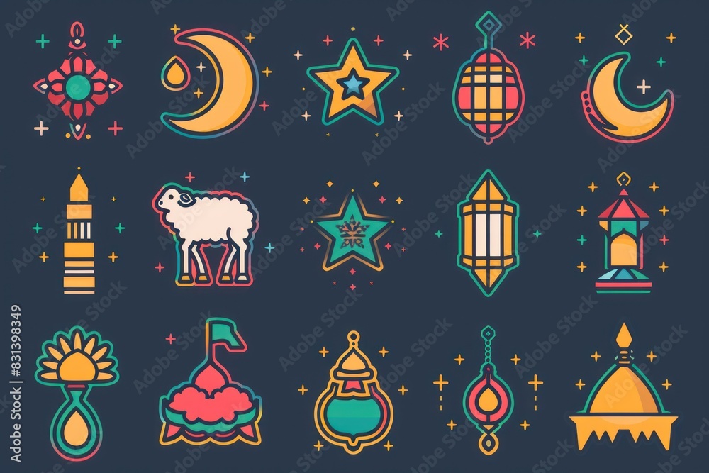 A Set of Eid al-Adha Icons Featuring Traditional Symbols, Celebrating ...