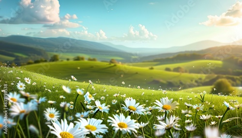 Beautiful hilly countryside landscape with blooming field of daisies in grass, showcasing natural beauty of spring and summer. Floral splendor, scenic vistas, tranquil environment.