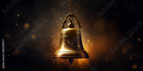 Antique bell with intricate carvings hanging in a warm light, GENERATIVE AI 