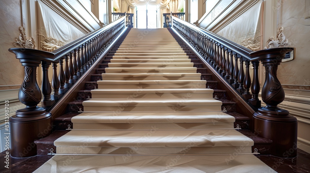 A grand staircase with a classic design, featuring a handrail of dark, polished wood and steps covered in plush, cream-colored carpet A grand staircase with a classic design, featuring a handrail of dark, polished wood and steps covered in plush, cream-colored carpet