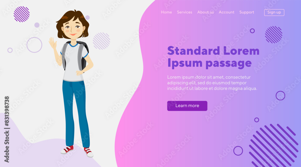 Happy teenager waving hand flat vector illustration. Schoolgirl with backpack, in jeans and T-shirt. Teenager, gesturing, greeting concept for website design, landing page Happy teenager waving hand flat vector illustration. Schoolgirl with backpack, in jeans and T-shirt. Teenager, gesturing, greeting concept for website design, landing page