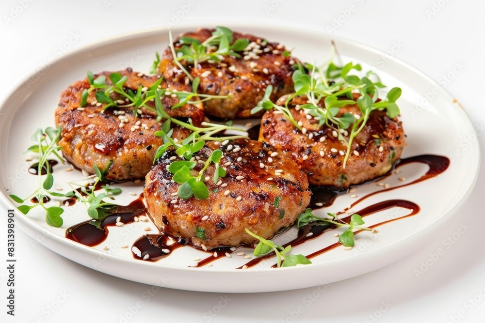 Crispy Golden Brown Lotus Root Chicken Patties with Microgreens Crispy Golden Brown Lotus Root Chicken Patties with Microgreens
