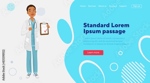 Male doctor character with medical record and thumb up. Man in medical uniform and white coat with stethoscope. Hospital, medicine, healthcare concept for website design, banner, landing page