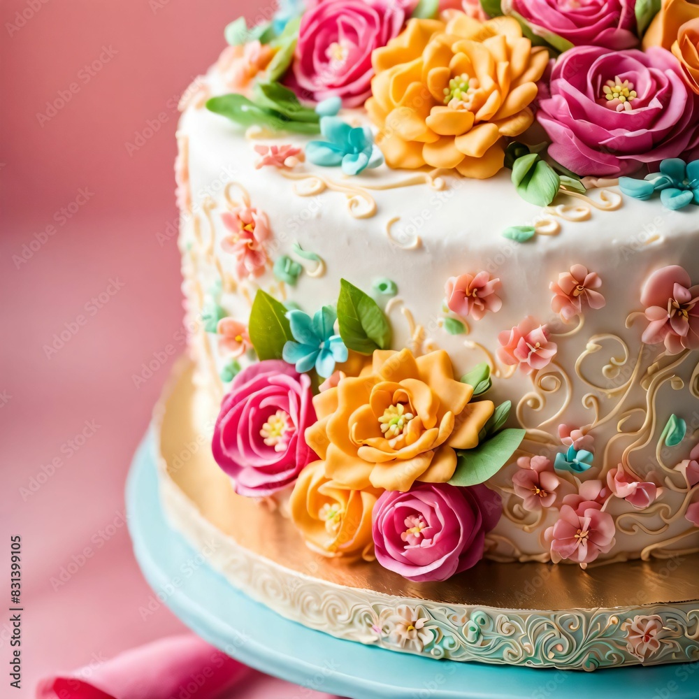 Delicious cake with flower shaped icing Delicious cake with flower shaped icing