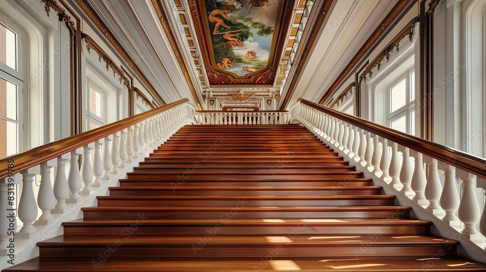 A grand staircase with a classic design, featuring a hand-painted fresco on the ceiling above and rich wooden steps A grand staircase with a classic design, featuring a hand-painted fresco on the ceiling above and rich wooden steps