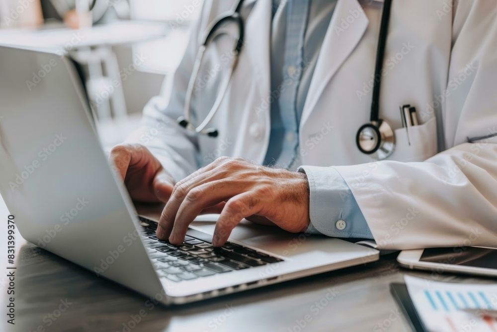 Closeup of a healthcare professional with stethoscope typing on a laptop in a clinical office