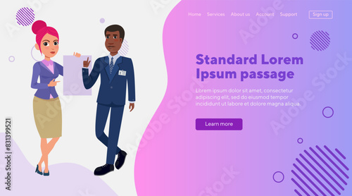 Office employees pointing at blank document. African American businessman and Caucasian office manager concluding contract. Business, agreement, advertising concept for web or landing page design