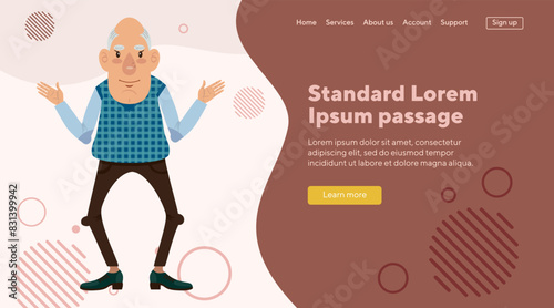 Old man with hands aside flat vector illustration. Senior man gesturing with hand. Retirement, gesture concept for banner, website design or landing page