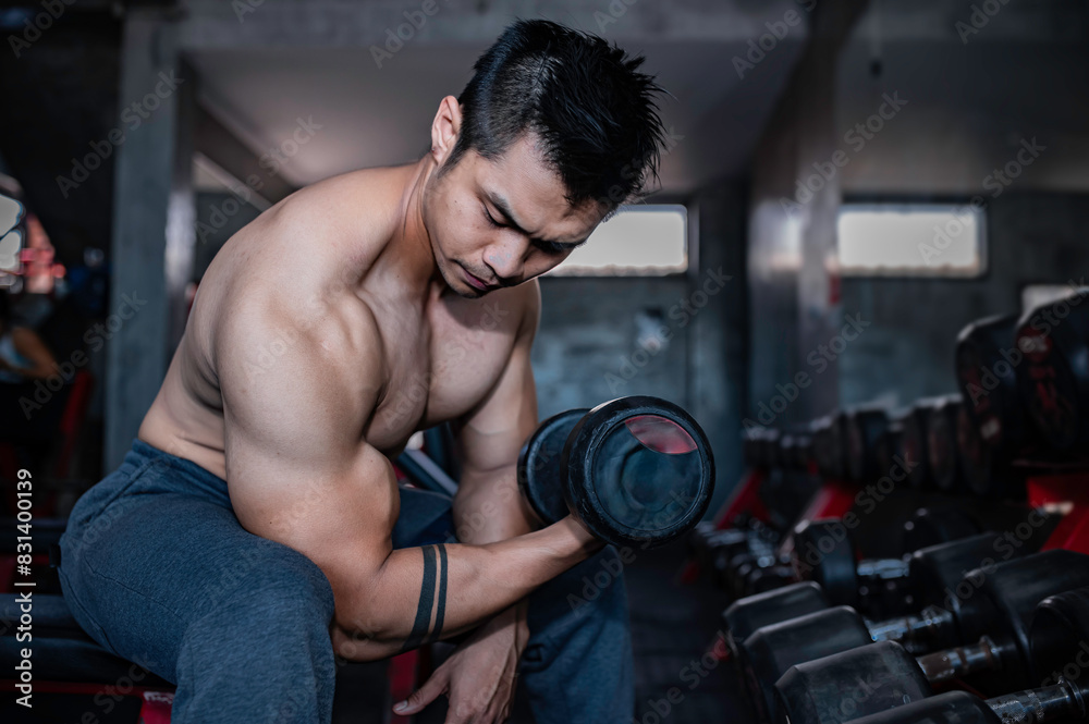 Handsome man working out in the gym, Asian man doing weightlifting to compete in sports,Pull up dumbbell for back training muscle Handsome man working out in the gym, Asian man doing weightlifting to compete in sports,Pull up dumbbell for back training muscle