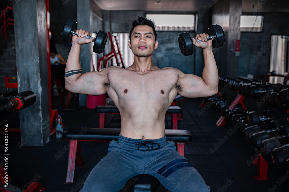 Handsome man working out in the gym, Asian man doing weightlifting to compete in sports,Pull up dumbbell for back training muscle