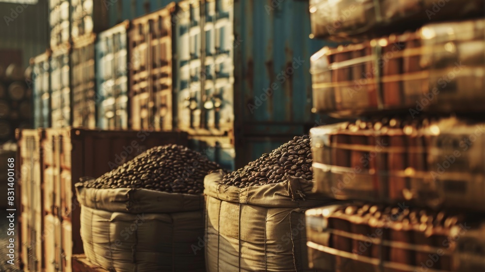 Bags of coffee beans are neatly arranged next to stacked shipping containers inside a warehouse, captured in soft morning light. Bags of coffee beans are neatly arranged next to stacked shipping containers inside a warehouse, captured in soft morning light.