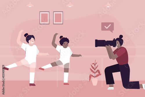 Cute multiethnic girls ballet dancer at photo session, photographer uses camera with tele lens and making photos. Beauty kids before camera.