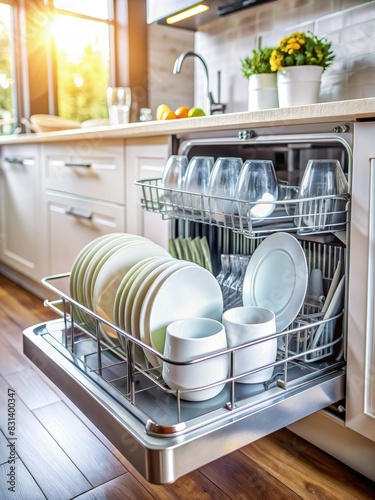 Neatly Loaded Dishwasher in Kitchen. Generative AI