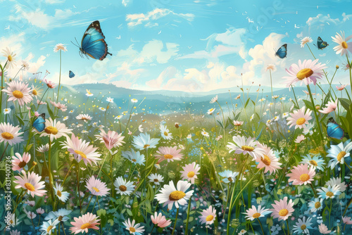 Pintura de un bello paisaje primaveral campestre con margaritas de colores sobre las que vuelan mariposas azules, con fondo de montañas y cielo azul con nubes blancas desenfocados photo