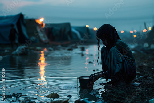Silhouetted child collects water at dusk in a refugee camp. Daily chores highlight the challenges faced by displaced families.