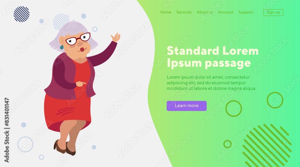 Senior woman pointing upwards with hand flat vector illustration. Old lady in glasses advertising something. Advertisement, marketing, retirement concept for banner, website design or landing page Senior woman pointing upwards with hand flat vector illustration. Old lady in glasses advertising something. Advertisement, marketing, retirement concept for banner, website design or landing page