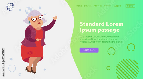 Senior woman pointing upwards with hand flat vector illustration. Old lady in glasses advertising something. Advertisement  marketing  retirement concept  for banner  website design or landing page