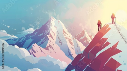 Climber climbing Everest. Flat illustration. Vector. Travel poster. Realistic color. photo