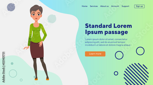 Young lady in blouse and skirt. Female cartoon character with modern hairstyle flat vector illustration. Beauty, fashion concept for banner, website design or landing web page