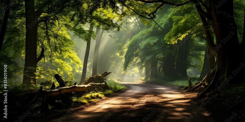 Serene Image of a Dirt Road Meandering Through a Lush Forest with Sunlight Peeking Through the Leaves. Concept Nature Photography, Landscape, Woods, Sunlight, Tranquility