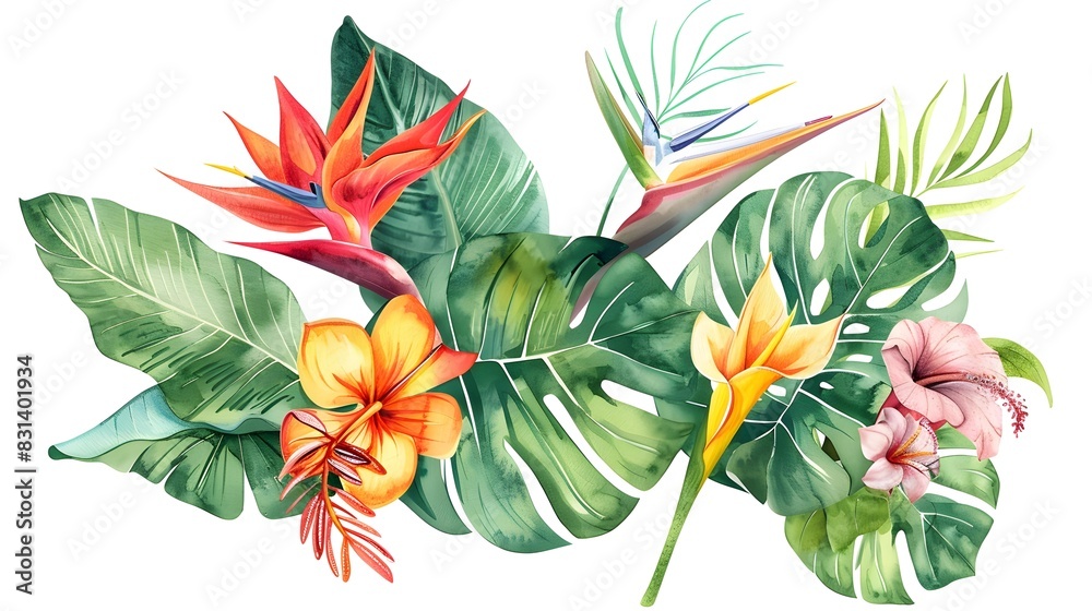 Obraz premium Beautiful vector card with tropical flowers and leaves on a white background