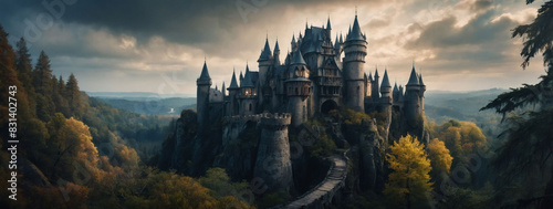 Fantasy landscape showcasing a mystical castle surrounded by enchanted woods, panorama. photo