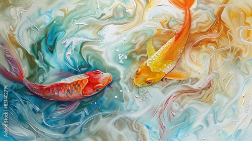 Abstract fluid expression koi fish swimming in water, Asian feng shui illustration, Aesthetics colorful nature inspirational tenderness illustration, oil paint, Wall decoration photo, Generated AI.