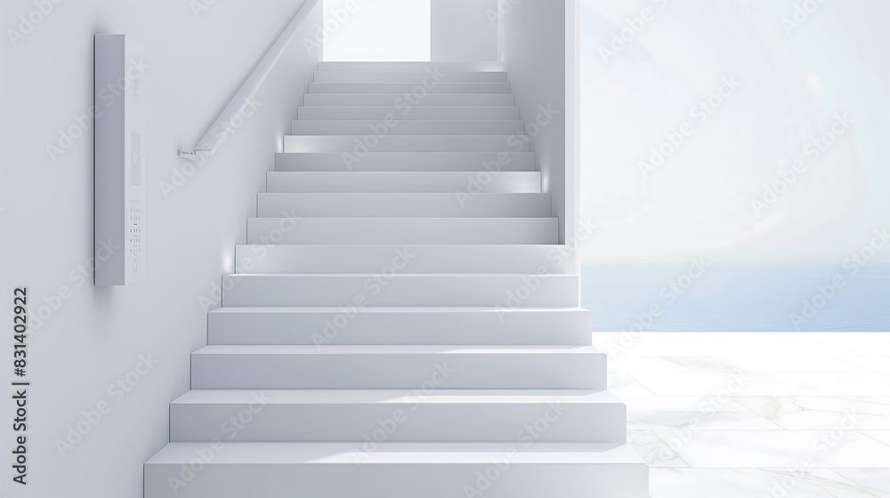 A minimalist staircase with a clean white design and a hidden smart home control panel